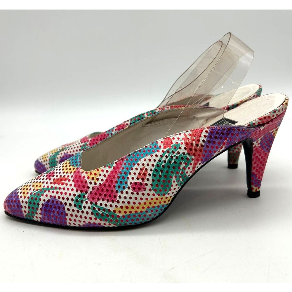 Stuart Weitzman Vintage 80s Pop Art Slingback Pumps 6.5 Colorful Retro Designer - Picture 9 of 15